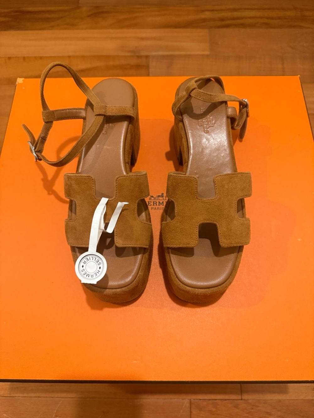 HERMES Suede Goatskin Jam 30 Platform Sandals 37 Naturel